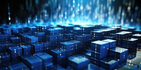 Rising momentum of data intelligence. Big data and Ai core data concept image. Dark and light metallic blue block stacked and rising, on white background 