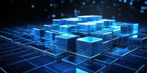 Rising momentum of data intelligence. Big data and Ai core data concept image. Dark and light metallic blue block stacked and rising, on white background 