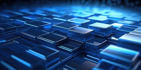 Rising momentum of data intelligence. Big data and Ai core data concept image. Dark and light metallic blue block stacked and rising, on white background 