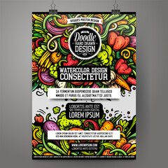 Cartoon vector doodle Vegetables poster template. Corporate identity for the use on invitations, placards, cards, presentations. Funny Veggies colorful and line art design