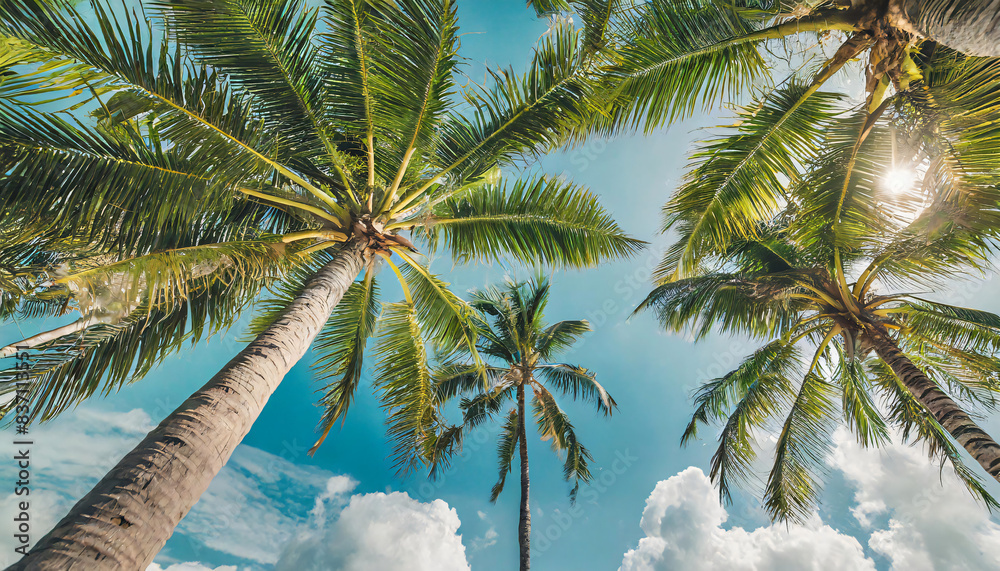 Wall mural lookup view of palm trees and a green marine sky