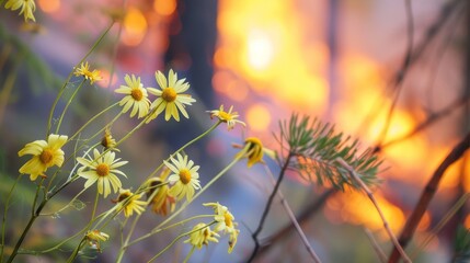 Obraz premium close-up, yellow daisies on a blurred background of a fire in the forest --no text, titles, --ar 16:9 --quality 0.5 --stylize 0 Job ID: f9b13d46-6d8f-48bf-8833-047d9fda4824