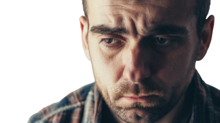 portrait of a sad man isolated on transparent background, stressed man cut out 
