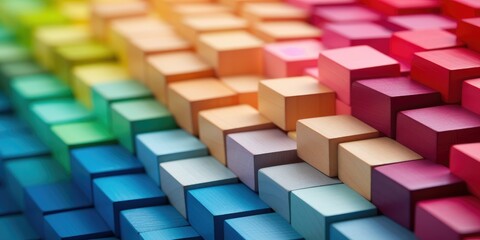 Spectrum of stacked multi-colored wooden blocks. Background or cover for something creative