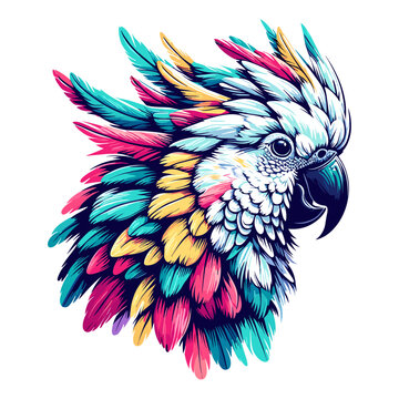 Stylized macaw head artwork featuring an explosion of bright, vivid colors and intricate feather patterns
