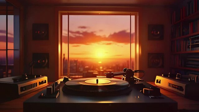 A room vinyl records and a turntable. sunset, stream starting soon screen, overlay loop, animated virtual backgrounds, vtuber asset twitch zoom OBS, manga anime chill hip hop 4k music Animation video