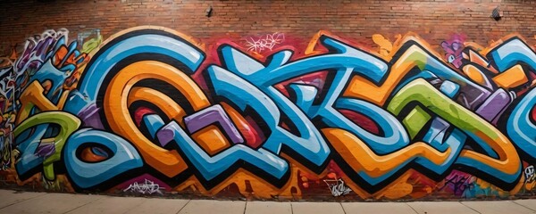 Obraz premium Wide-angle view of a brick wall filled with striking graffiti art
