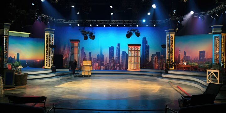 TV studio set in preparation. Large scale monitors background