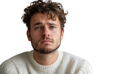 portrait of a sad man isolated on transparent background, stressed man cut out 