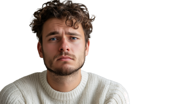 portrait of a sad man isolated on transparent background, stressed man cut out 