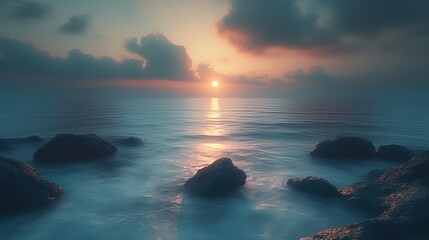 Tranquil Seascape at Dawn - A serene seascape at dawn with large rocks in the calm water, under a dramatic, cloudy sky. - Powered by Adobe