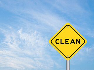 Yellow transportation sign with word clean on blue color sky background