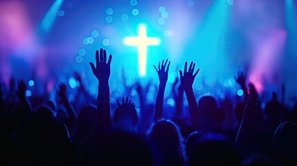 people silhouette with raised hands at christian concert worship God and Jesus Christ, on blue background. Christian concept