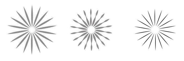 Fototapeta premium Radial circle lines. Circular lines elements. Symbol of Sun star rays. Flat design elements. Spokes with radiating stripes. Abstract illusion geometric shapes.