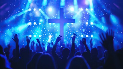 people silhouette with raised hands at christian concert worship God and Jesus Christ, on blue background. Christian concept