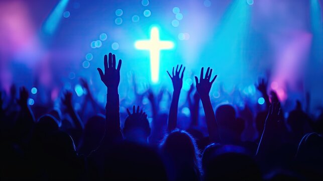people silhouette with raised hands at christian concert worship God and Jesus Christ, on blue background. Christian concept