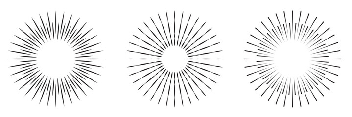 Radial circle lines. Circular lines elements. Symbol of Sun star rays. Flat design elements. Spokes with radiating stripes. Abstract illusion geometric shapes.