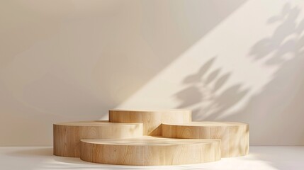Natural Wooden Display Stand with Soft Light and Shadows in Minimalistic Interior for Product Showcasing and Design Inspiration -Generative AI