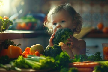 Eat Vegetable. Adorable Caucasian Girl Eating Carrots and Broccoli in Beautiful Kitchen