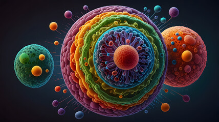 Close up of a futuristic colorful animal cell with nucleus on dark background for biology and zoology concepts