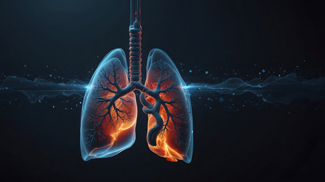 Transparent futuristic blue background with glowing human lungs symbolizing pulmonary disease and technology for solutions