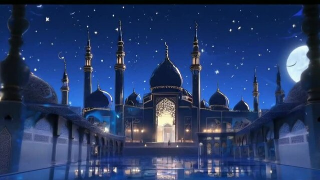a mosque at night with the moon and stars in the sky, ✨🕌🌙, overlaid with arabic text, blue sky background with moon, arabian art, arabian night, romanized: al-kaʿbah, islamic art, intricate ornate a