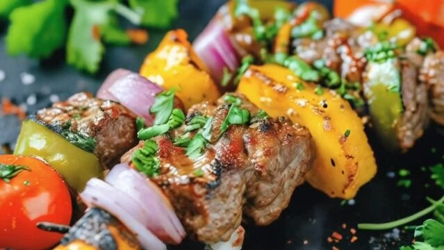 a close up of a skewer of meat and vegetables, kebab, hd food photography, skewer, meat texture, istockphoto, high quality stock picture, alamy stock photo, high quality product image