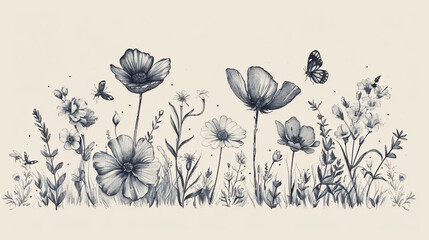 Floral logo design with hand-drawn wild flowers and insects