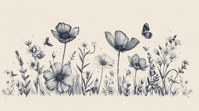 Floral logo design with hand-drawn wild flowers and insects
