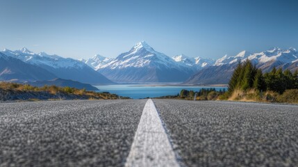 A Winding Road Leading to Snow-Covered Mountains in New Zealand