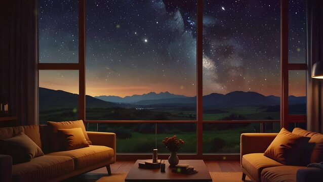 A cozy living room with a large window showing a starry sky, overlay loop, animated virtual backgrounds, vtuber asset twitch zoom OBS, manga style anime chill hip hop 4k Animation video