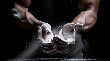 Athlete preparing hands with chalk dust