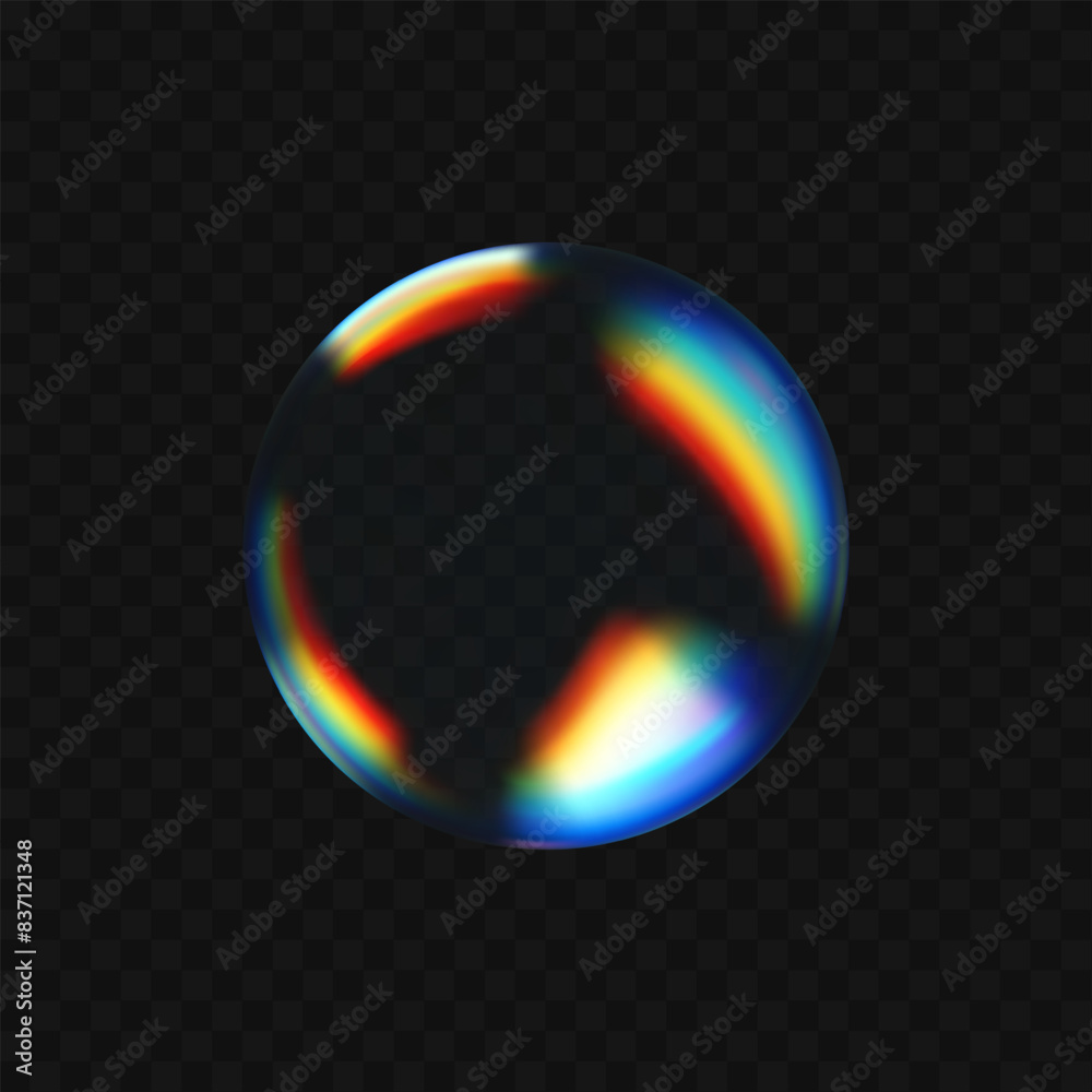 Wall mural 3d crystal glass sphere with refraction and holographic effect isolated on dark background. render t