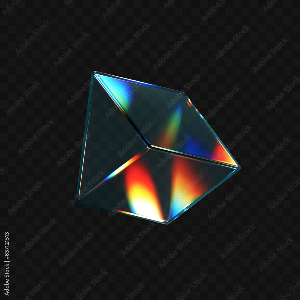 Wall mural 3d crystal glass prism with refraction and holographic effect isolated on dark background. render tr