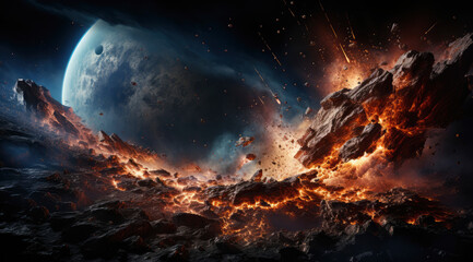 Fototapeta premium Catastrophic Asteroid Collision with Fiery Debris and Planets in Outer Space
