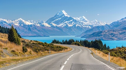 Naklejka premium A Winding Road Leading to Snow-Covered Mountains in New Zealand