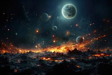 Fototapeta premium Fiery Alien Landscape with Lava Fields and Planets in a Starry Night Sky