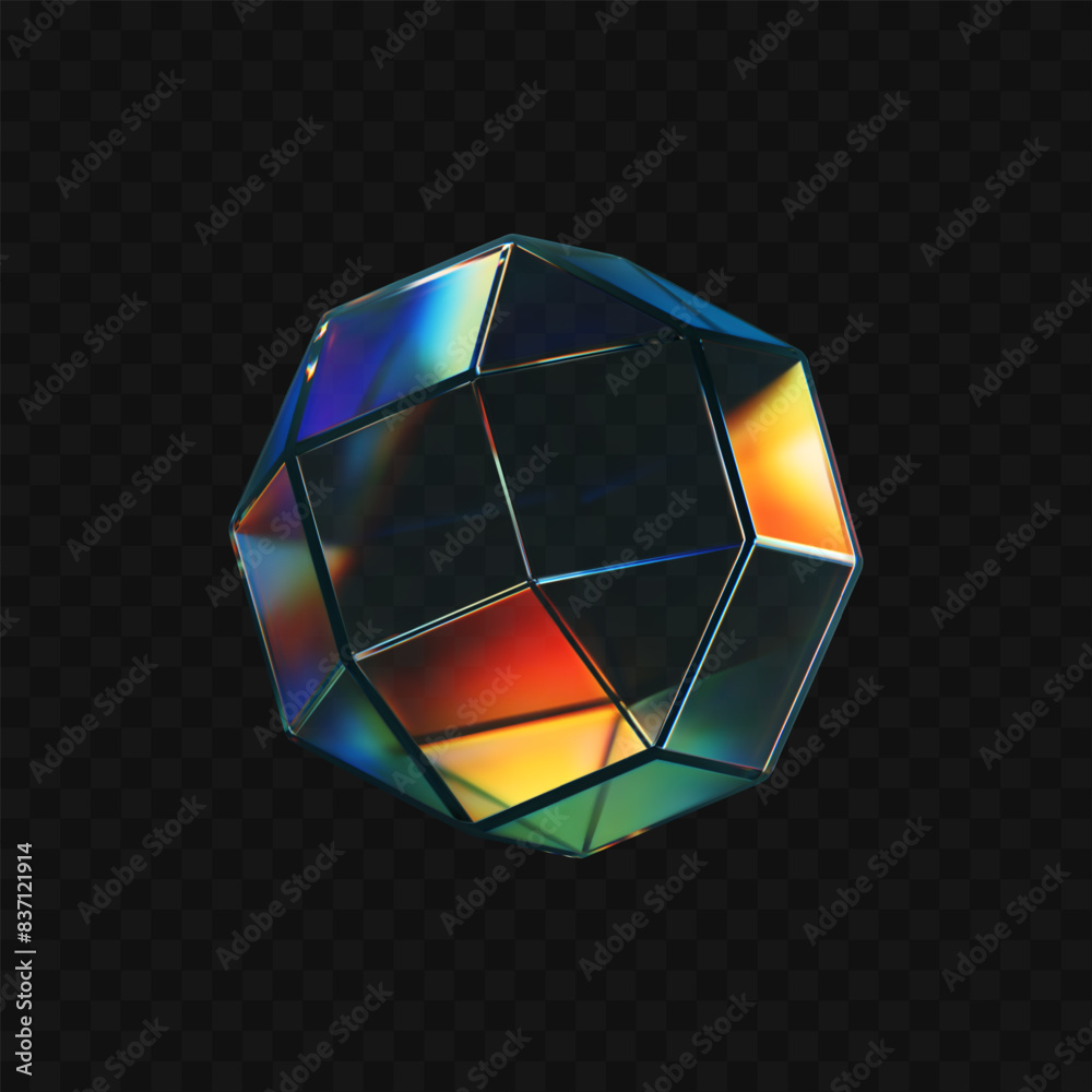 Canvas Prints 3d crystal glass low poly sphere with refraction and holographic effect isolated on dark. render tra