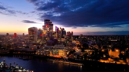 Fototapeta premium City of London after sunset - aerial view - drone photography