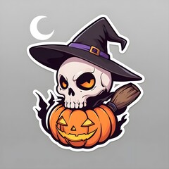 Pumpkin Broom Skull Halloween Sticker. Generative AI