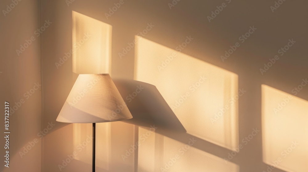Poster cozy warm sunlight casts rectangular patterns on a beige interior wall, illuminating a simple lamp i