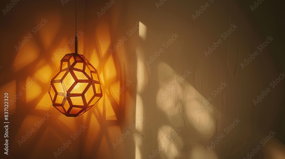 Poster a warm pendant lamp casts intricate geometric shadows on a textured wall, creating a cozy and artist