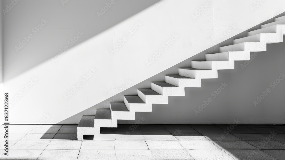 Poster A modern minimalist staircase with sharp lines casts striking shadows on a white wall, creating a clean and elegant visual.
