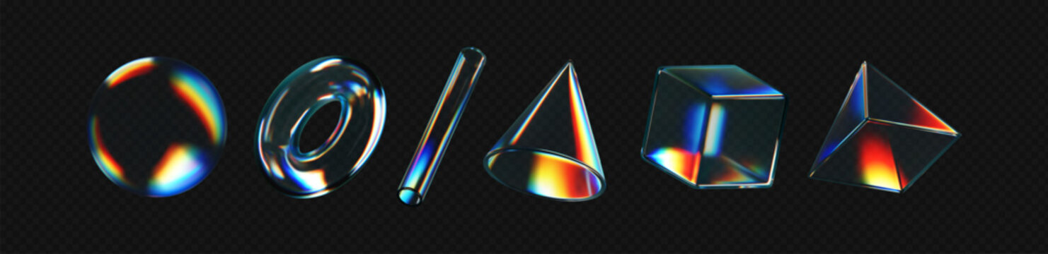 3d crystal glass shapes with refraction and holographic effect isolated on dark background. Render transparent glass rotate figure with overlay dispersion light, rainbow gradient. 3d vector morphism