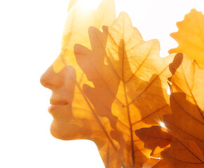 An artistic double exposure profile portrait silhouette of a woman