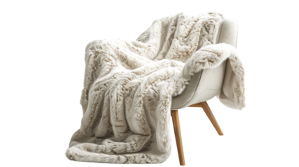 cozy faux fur throw blanket draped over the arm of a chair or sofa, adding texture and warmth to the living room space, isolated on a white background.