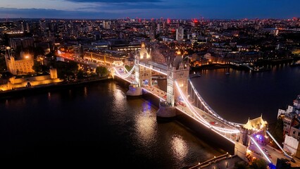 London Tower Bridge illuminated at night - aerial view - drone photography