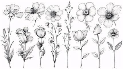 Hand-drawn line collection of flowers and insects for wedding invitations