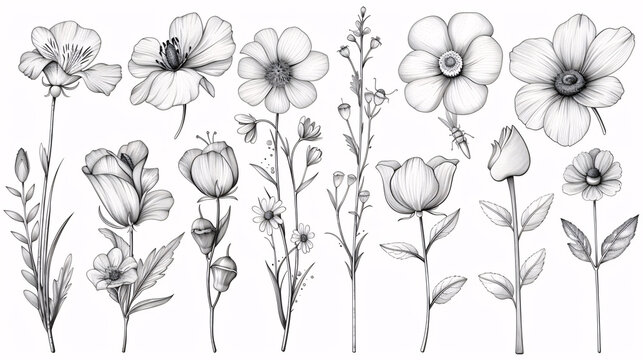 Hand-drawn line collection of flowers and insects for wedding invitations