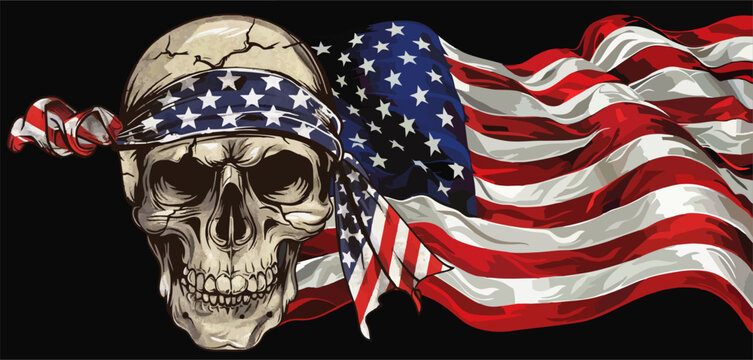 Vector drawing for t-shirt. 
Human skull with american flag 
tied in bandana on head on black background. 
Fashionable print for fabric, paper, men clothing.
T shirt design. Jolly Roger, pirate symbol
